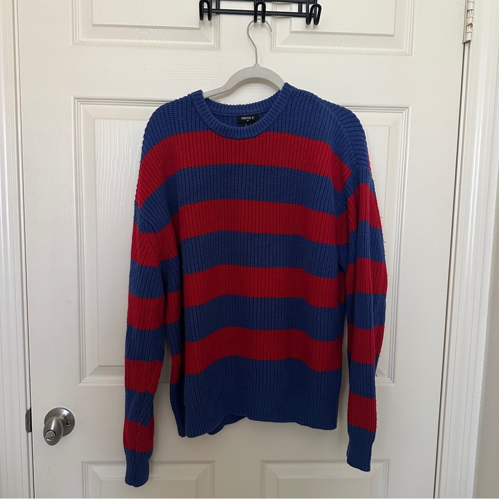 Forever 21 Men's Red and Blue Striped Crewneck Sweater